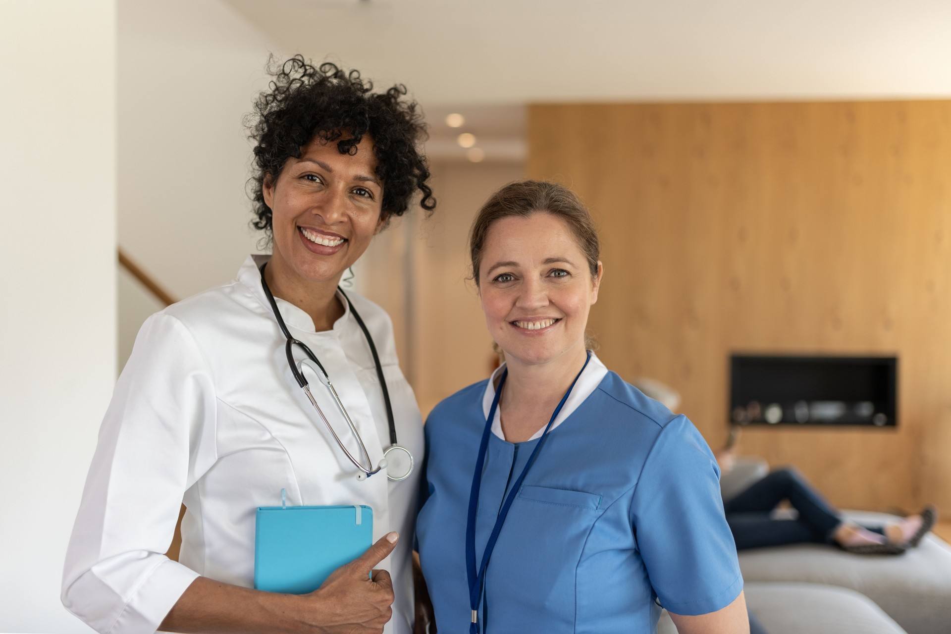 Visit of medical staff in uniform (nurse, doctor) to the patient at home
